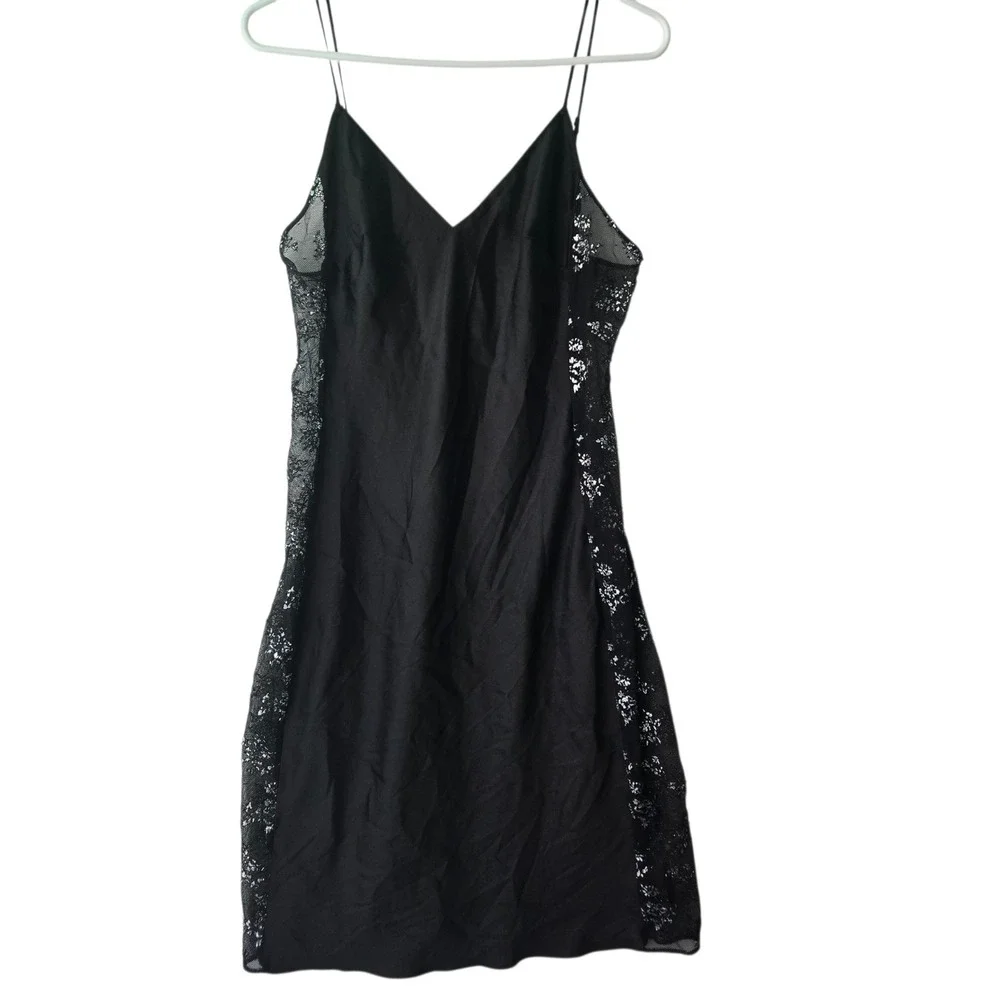 Victoria's Secret Black Satin Metallic Silver Floral Lace Slip Dress Chemise M‎